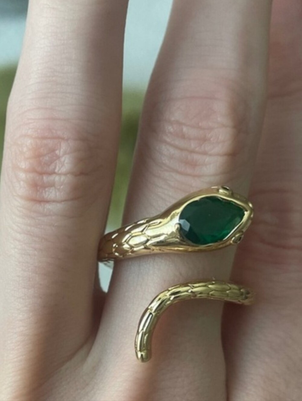 Gold Snake Ring with Green Gemstone